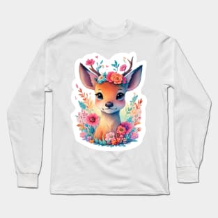 Colorful Floral Cute Baby Deer Long Sleeve T-Shirt